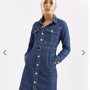 New Look Petite belted denim shirt dress in blue